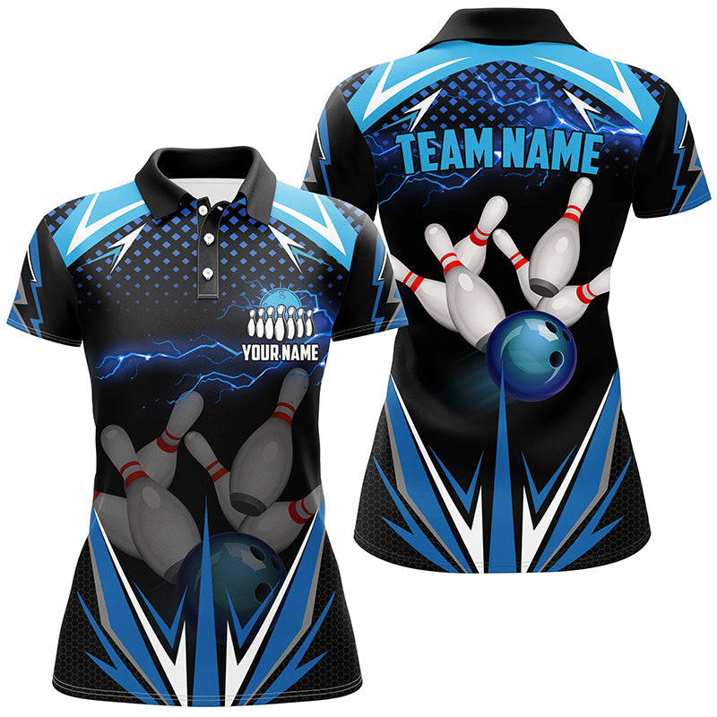 Black Ladies Bowling Polo Shirt - Custom Blue Lightning Team Jersey N6506