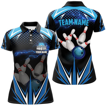 Black Ladies Bowling Polo Shirt - Custom Blue Lightning Team Jersey N6506