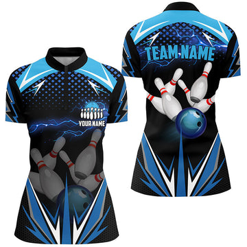 Black Women's Bowling Quarter-Zip Shirt - Custom Blue Lightning Team Jersey N6506