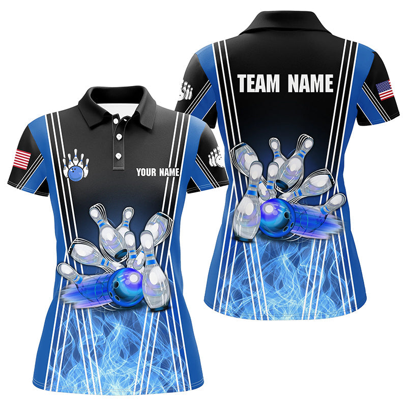Women's Blue Flame Bowling Polo Shirt - Custom Team Jersey N7237