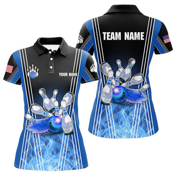 Women's Blue Flame Bowling Polo Shirt - Custom Team Jersey N7237
