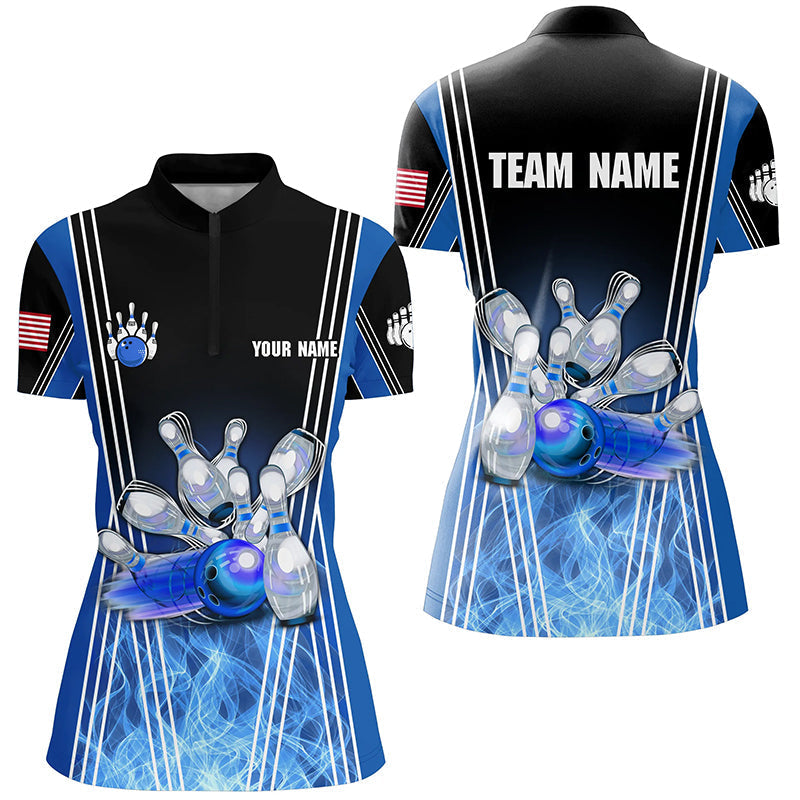 Women's Blue Flame Bowling Quarter Zip Shirt - Custom Team Jersey N7237