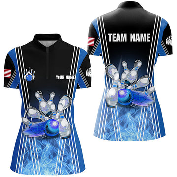 Women's Blue Flame Bowling Quarter Zip Shirt - Custom Team Jersey N7237