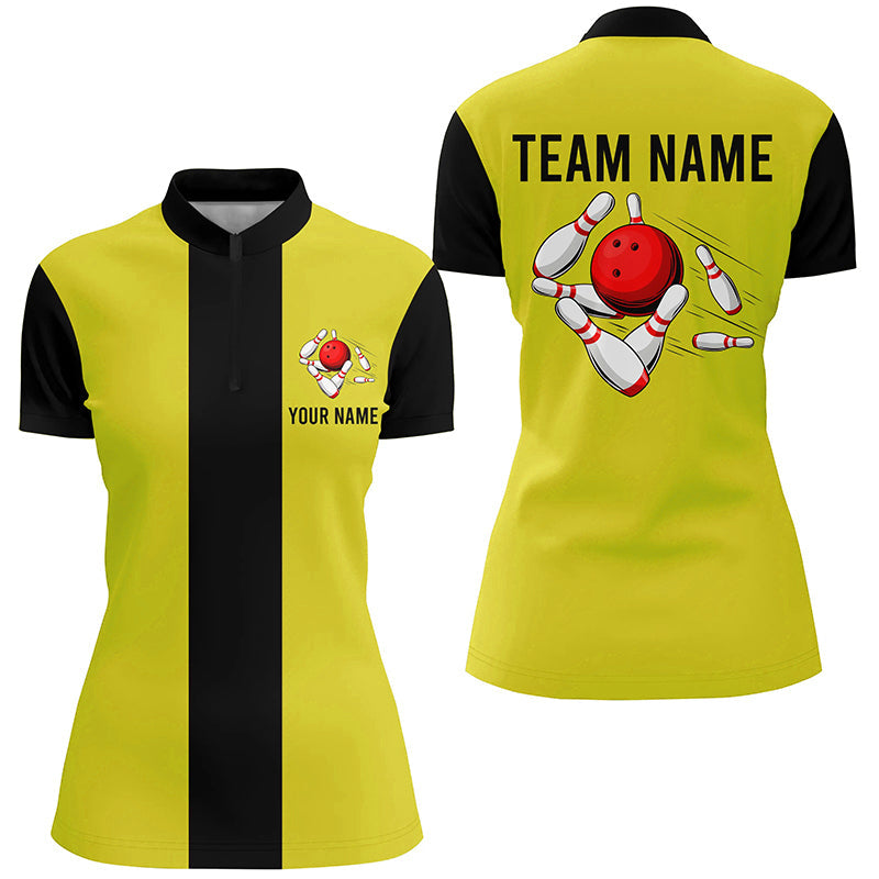 Women's Custom Yellow & Black Retro Bowling Quarter Zip Shirt N6981