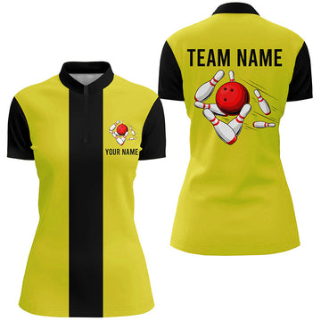 Women's Custom Yellow & Black Retro Bowling Quarter Zip Shirt N6981