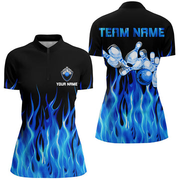 Women's Black Bowling Quarter-Zip Shirt - Blue Flame Team Jersey N6982