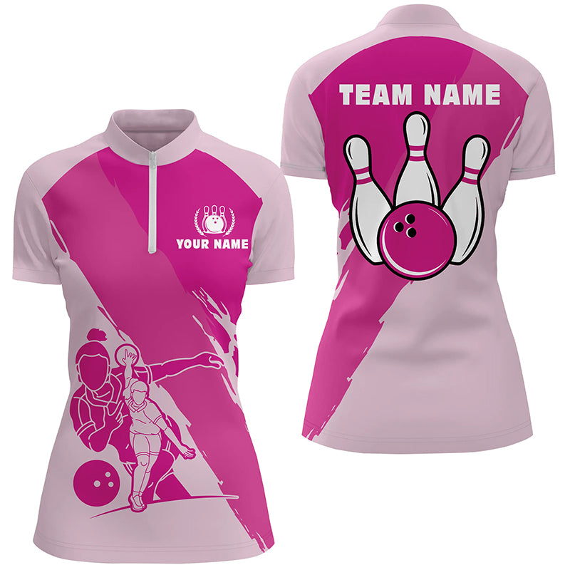 Custom Pink Short Sleeve Quarter Zip Bowling Shirt for Women N4691