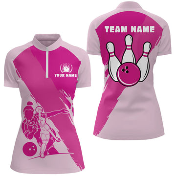 Custom Pink Short Sleeve Quarter Zip Bowling Shirt for Women N4691