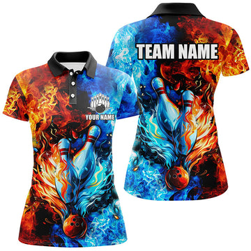Women's Blue & Orange Flame Bowling Polo, Quarter Zip Team Jersey N7749