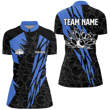 Black Camo Women's Bowling Quarter Zip Shirt - Custom Strike Team Jersey N6771