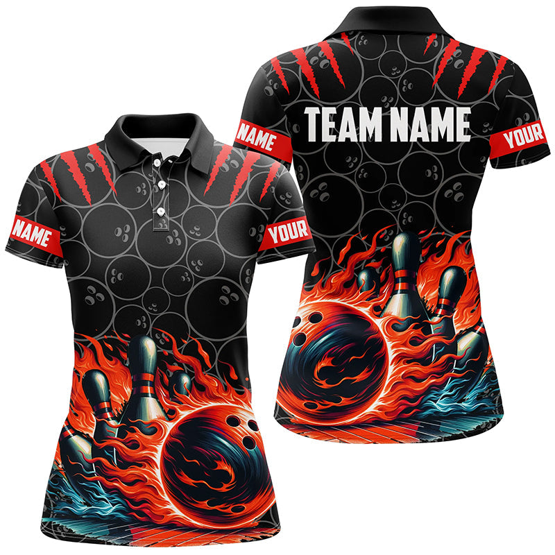 Women's Black and Red Flame Bowling Polo Shirt - Custom Team Jersey N7126
