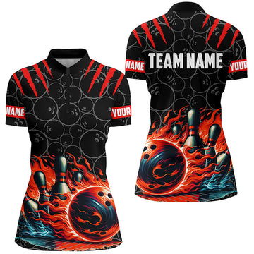Women's Black and Red Flame Quarter Zip Bowling Shirt N7126