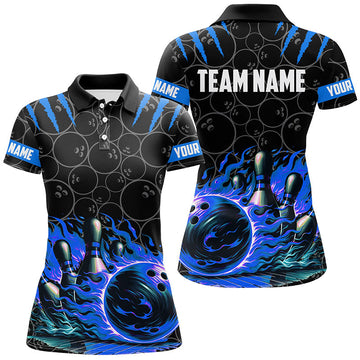 Women's Custom Black & Blue Flame Bowling Polo Shirt N7127