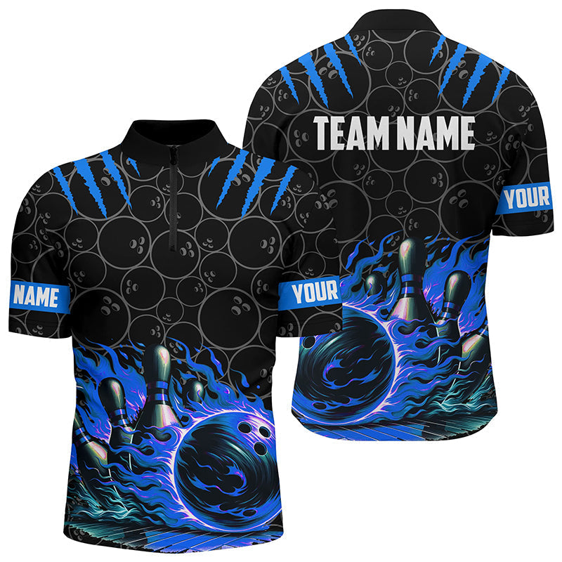 Men's Custom Black & Blue Flame Bowling Quarter Zip Shirt N7127
