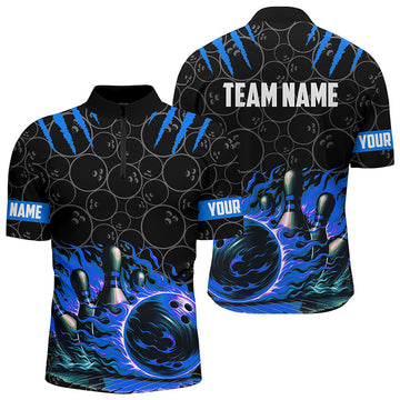 Men's Custom Black & Blue Flame Bowling Quarter Zip Shirt N7127