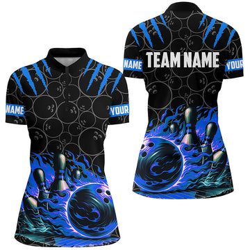 Women's Black and Blue Flame Quarter Zip Bowling Shirt N7127