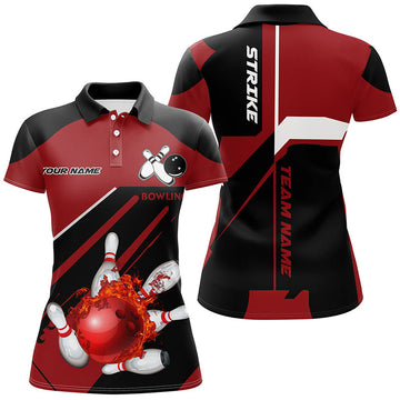 Women's Custom Black & Red Flame Bowling Polo N7752