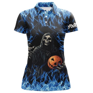 Blue Flame Halloween Skull Women's Bowling Polo Shirt N8184