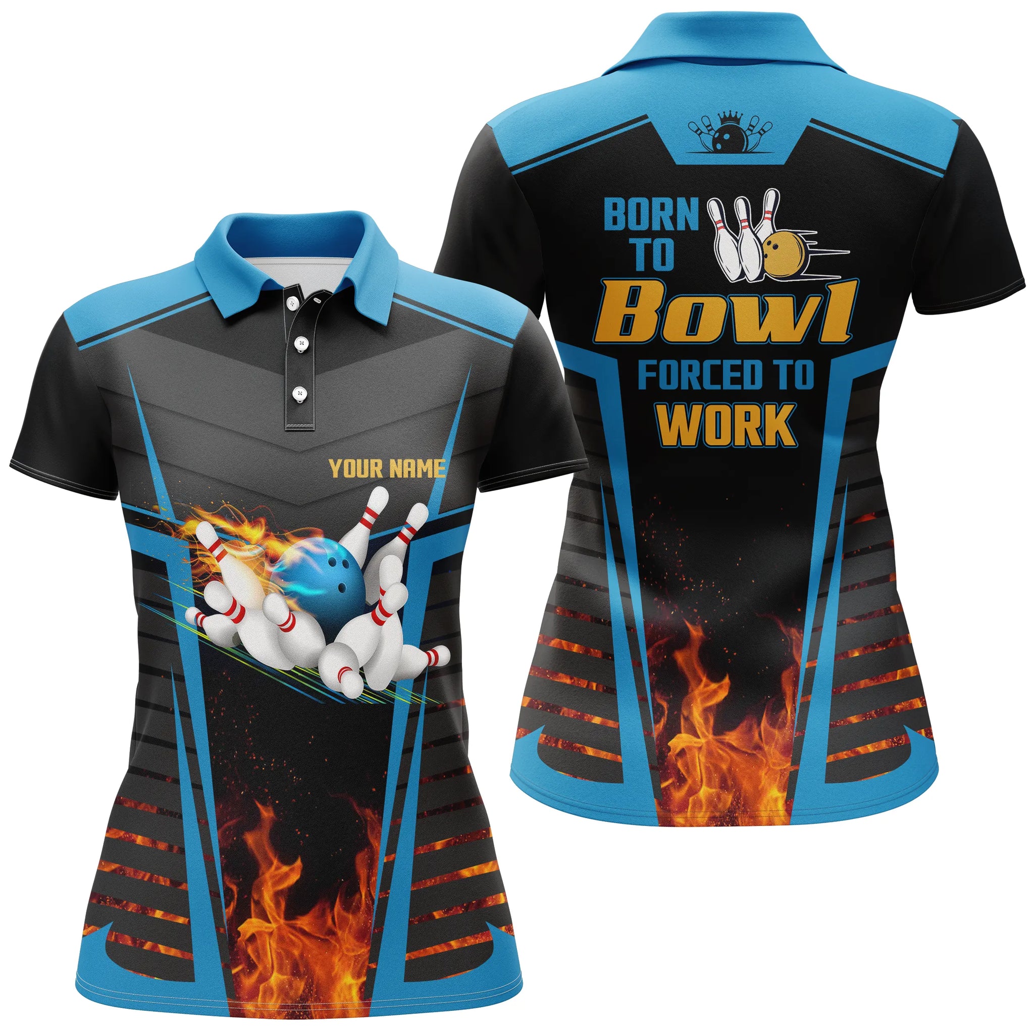 Women's Blue Bowling Polo Shirt - Custom Name "Born to Bowl" N4848