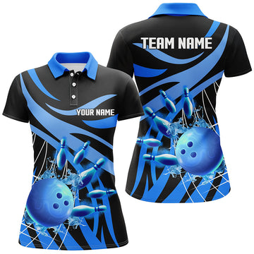 Women's Blue Flame Bowling Polo Shirt - Custom Team Jersey N7243