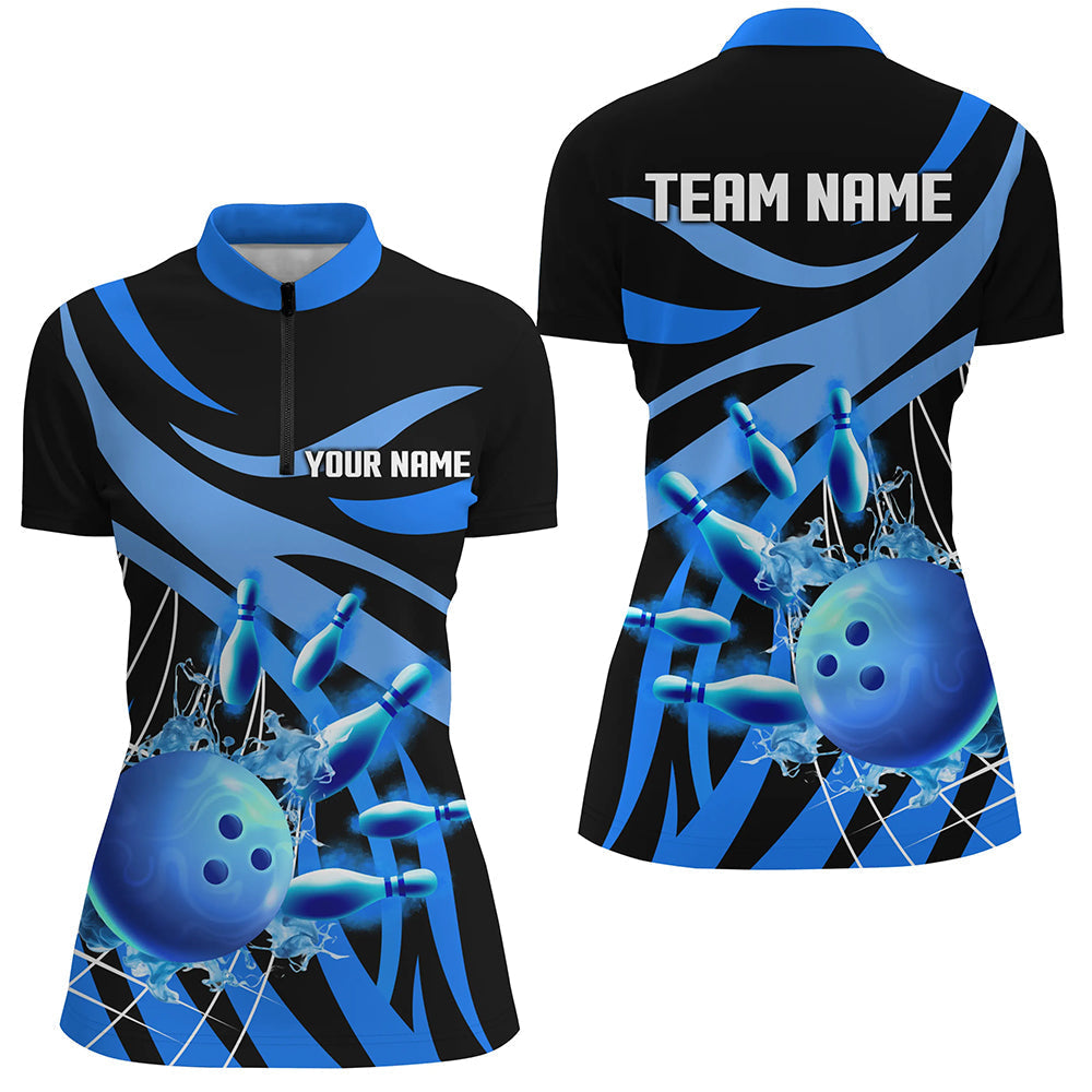 Women's Blue Flame Bowling Quarter Zip Shirt - Custom Team Jersey N7243