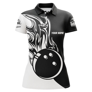 Black & White Bowling Fire Women's Polo Shirt - Custom Team Jersey N6087