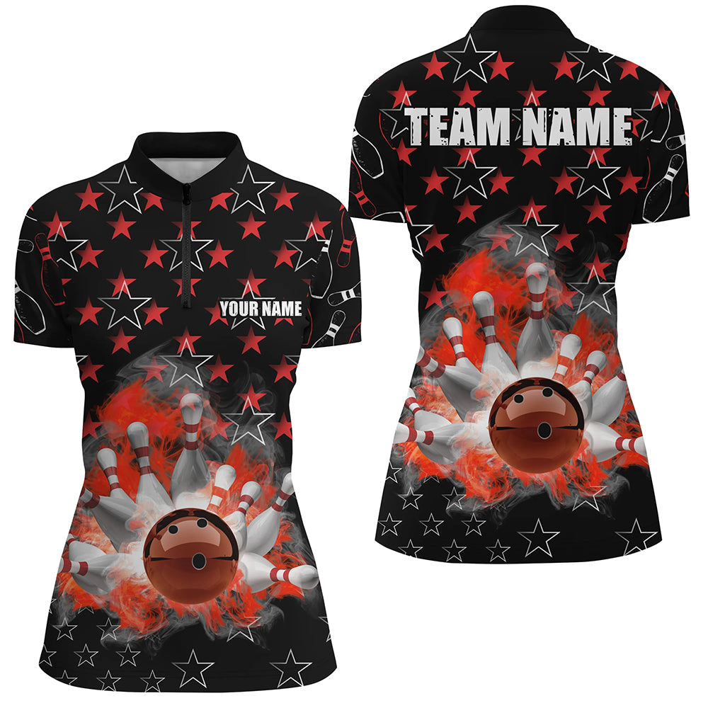 Women's Black & Red Bowling Stars Polo, Quarter Zip N8193