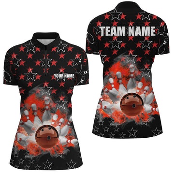 Women's Black & Red Bowling Stars Polo, Quarter Zip N8193