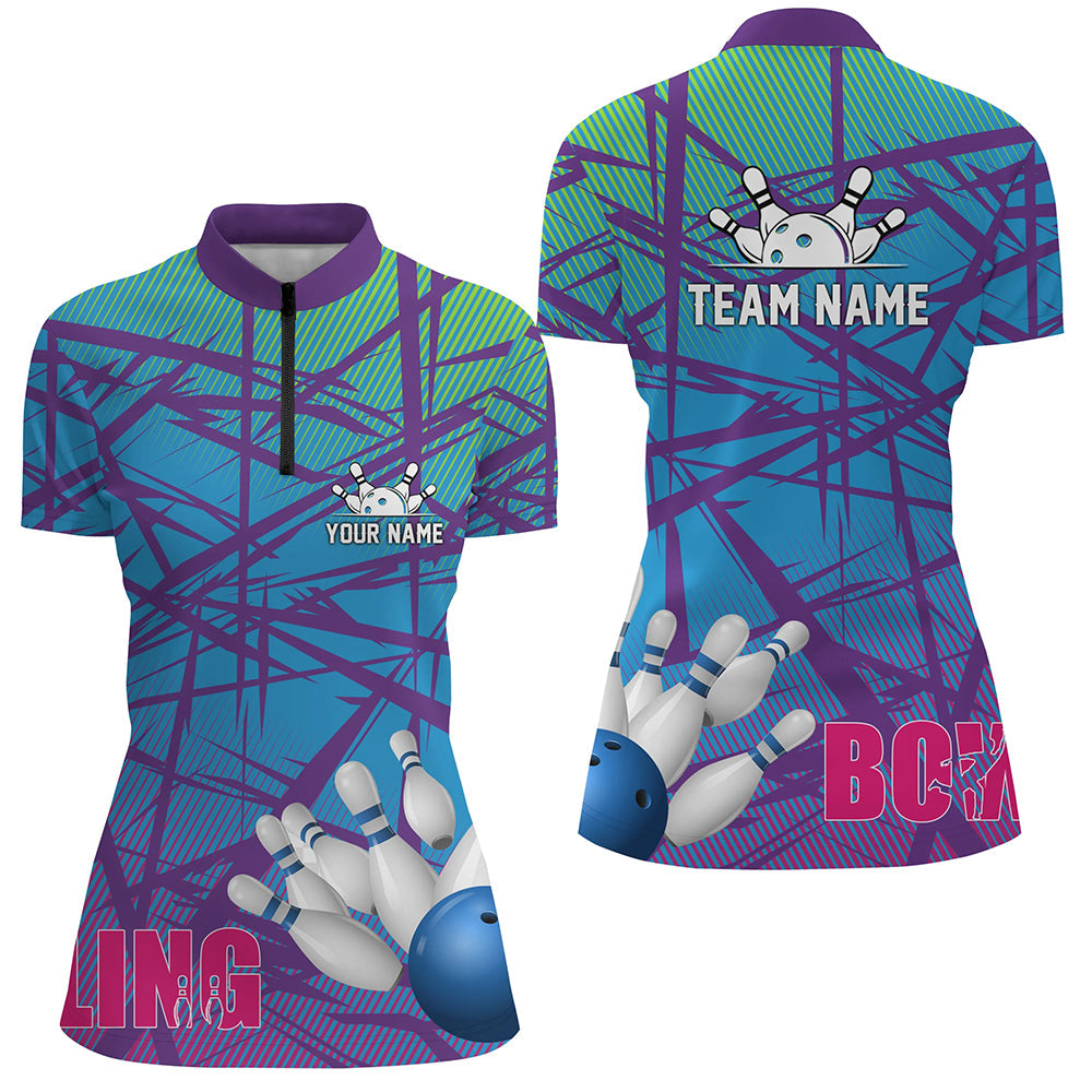 Women's Blue Purple Camo Bowling Quarter-Zip Shirt N6996