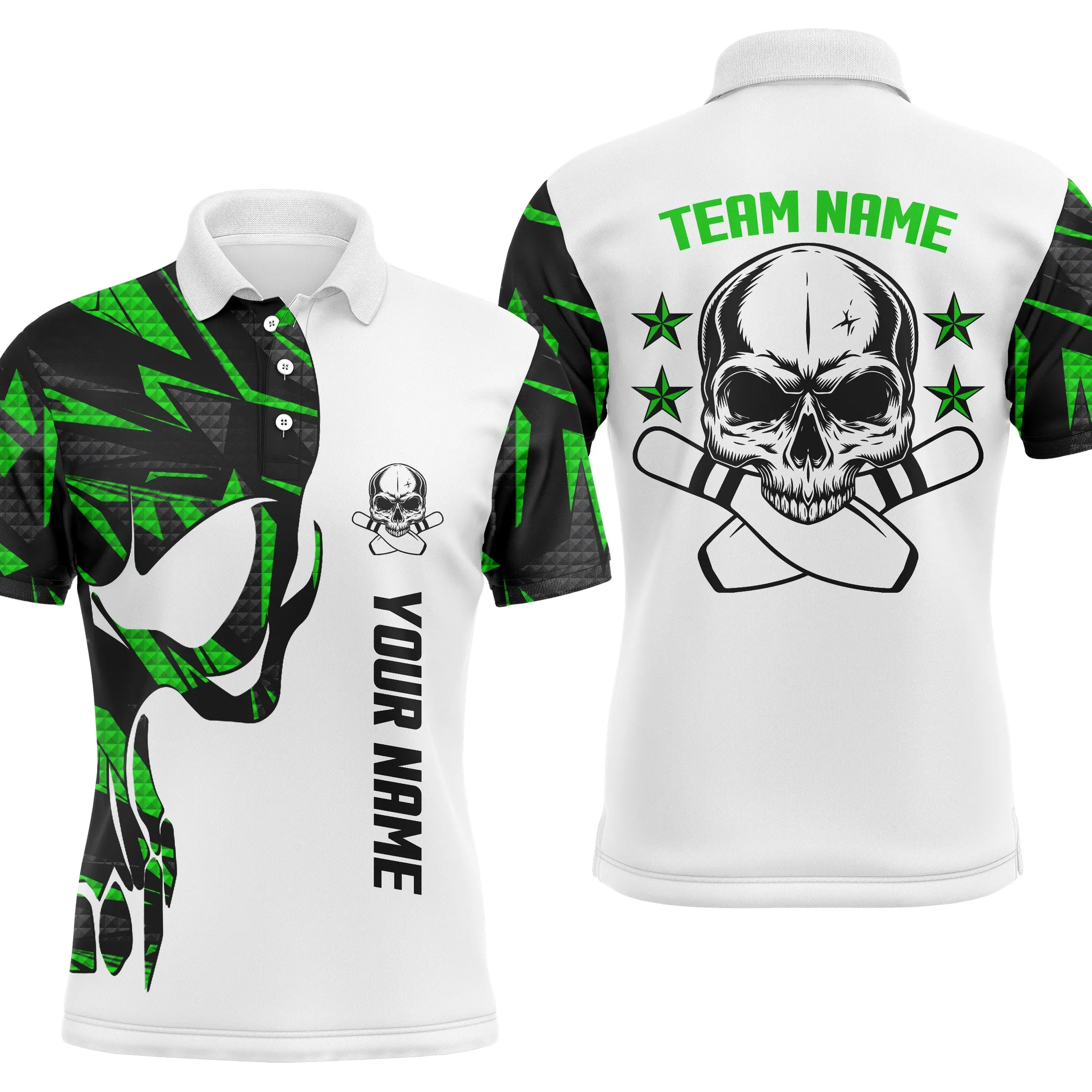 Men's Green & White Custom Skull Bowling Polo Shirt N4699