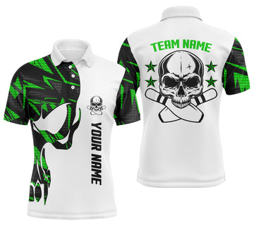 Men's Green & White Custom Skull Bowling Polo Shirt N4699