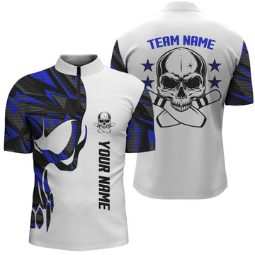 Blue & White Bowling Quarter Zip Shirt for Men - Custom Name Skull Team n4699