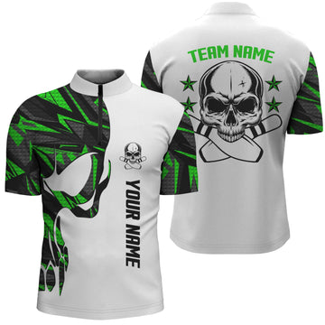 Green & White Bowling Quarter Zip Shirt for Men - Custom Name Skull Design n4699