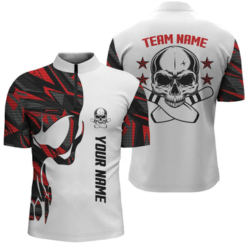 Red & White Men's Bowling Quarter Zip Shirt - Custom Name, Skull Design N4699