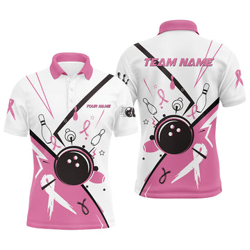 Custom White Bowling Polo Shirt for Men - Pink Ribbon Breast Cancer Awareness N7245