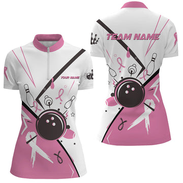 Pink Ribbon Breast Cancer Awareness Bowling Quarter Zip Shirt for Women - White N7245