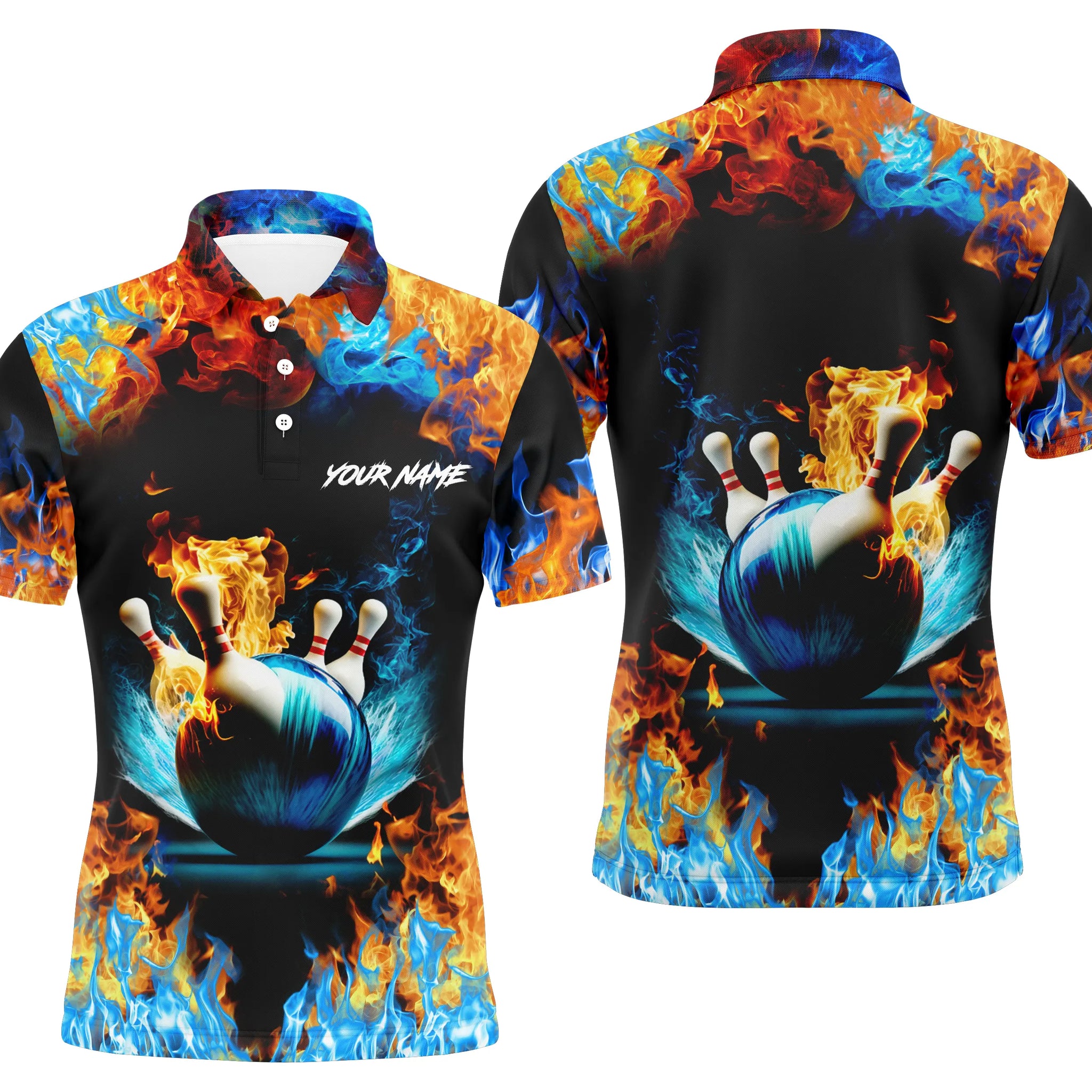 Custom Name Bowling Polo Shirt for Men - Water Fire Background N4705