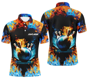 Custom Name Bowling Polo Shirt for Men - Water Fire Background N4705