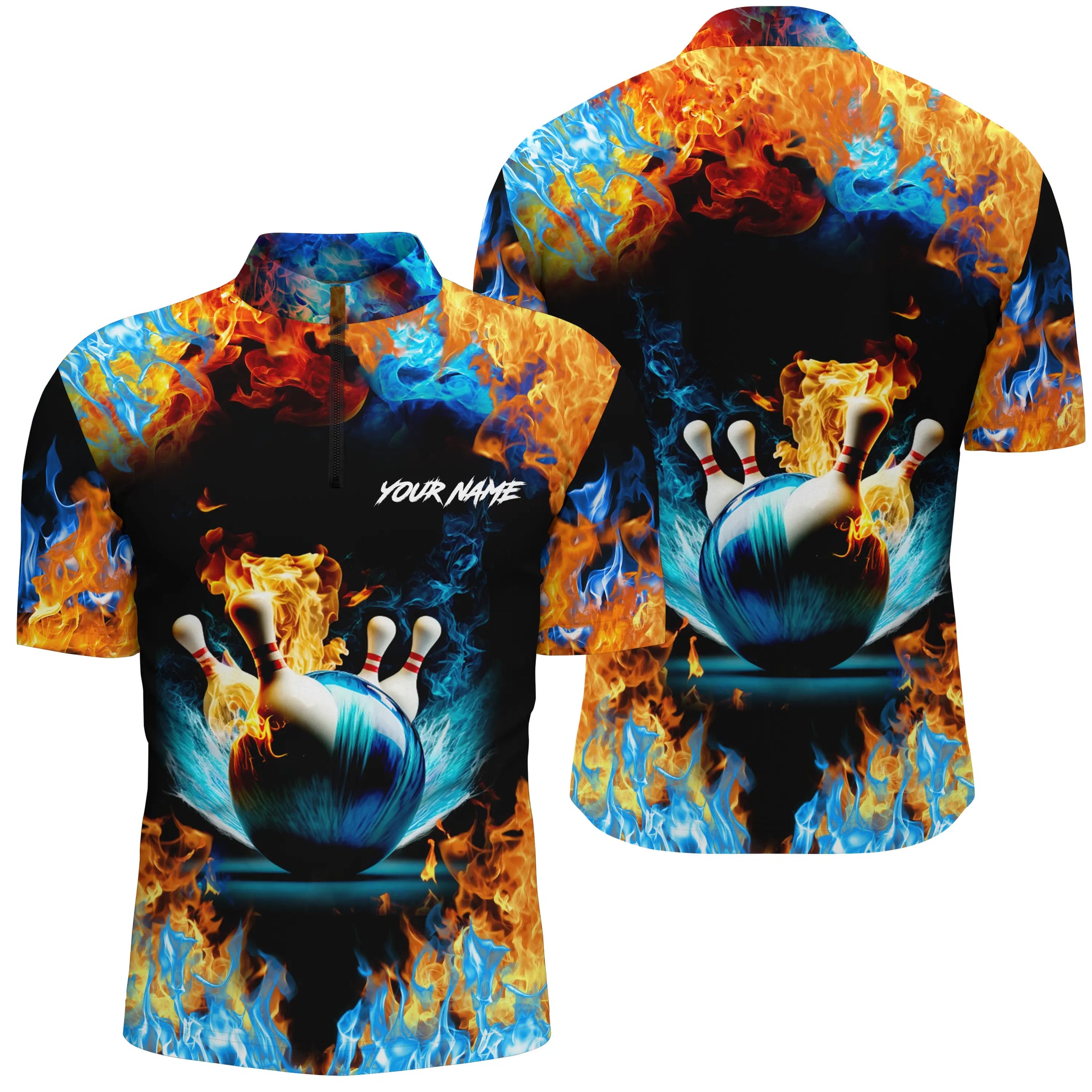 Custom Name Short Sleeve Quarter Zip Bowling Shirt for Men - Water Fire Theme N4705