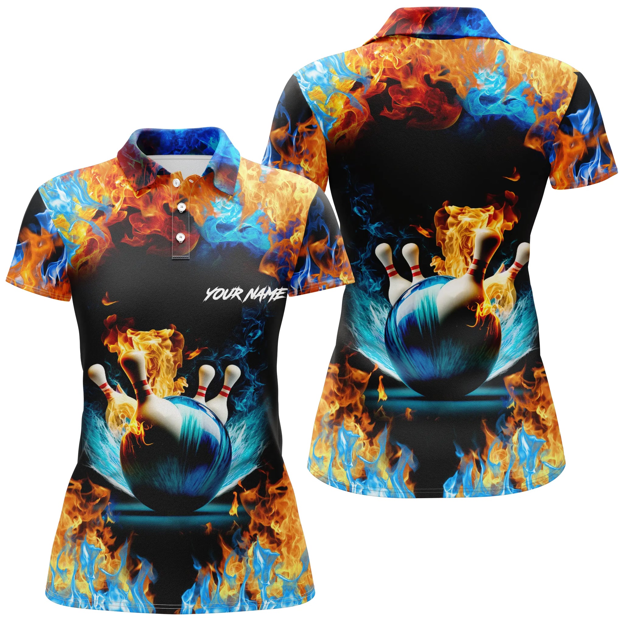 Custom Name Short Sleeve Bowling Polo Shirt for Women - Water Fire Design N4705