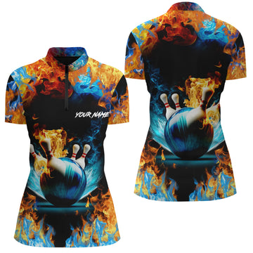Custom Name Short Sleeve Quarter Zip Bowling Shirt for Women - Water Fire Theme N4705