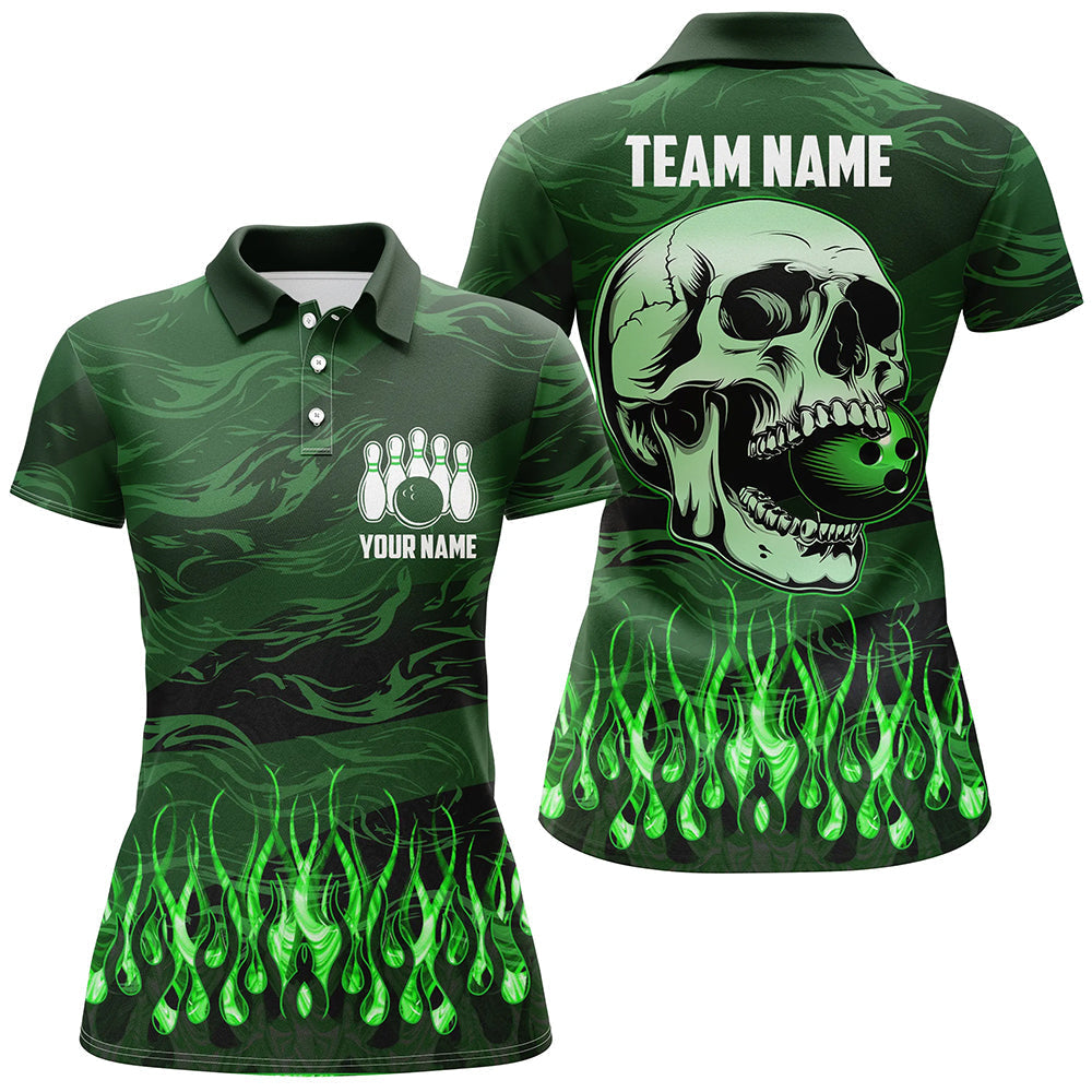 Women's Green Camo Flame Skull Bowling Polo Shirt N7431