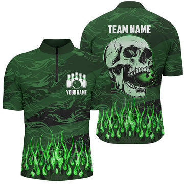 Men's Green Camo Flame Skull Bowling Quarter Zip Shirt N7431