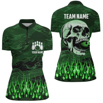 Women's Green Camo Flame Skull Bowling Quarter Zip Jersey N7431