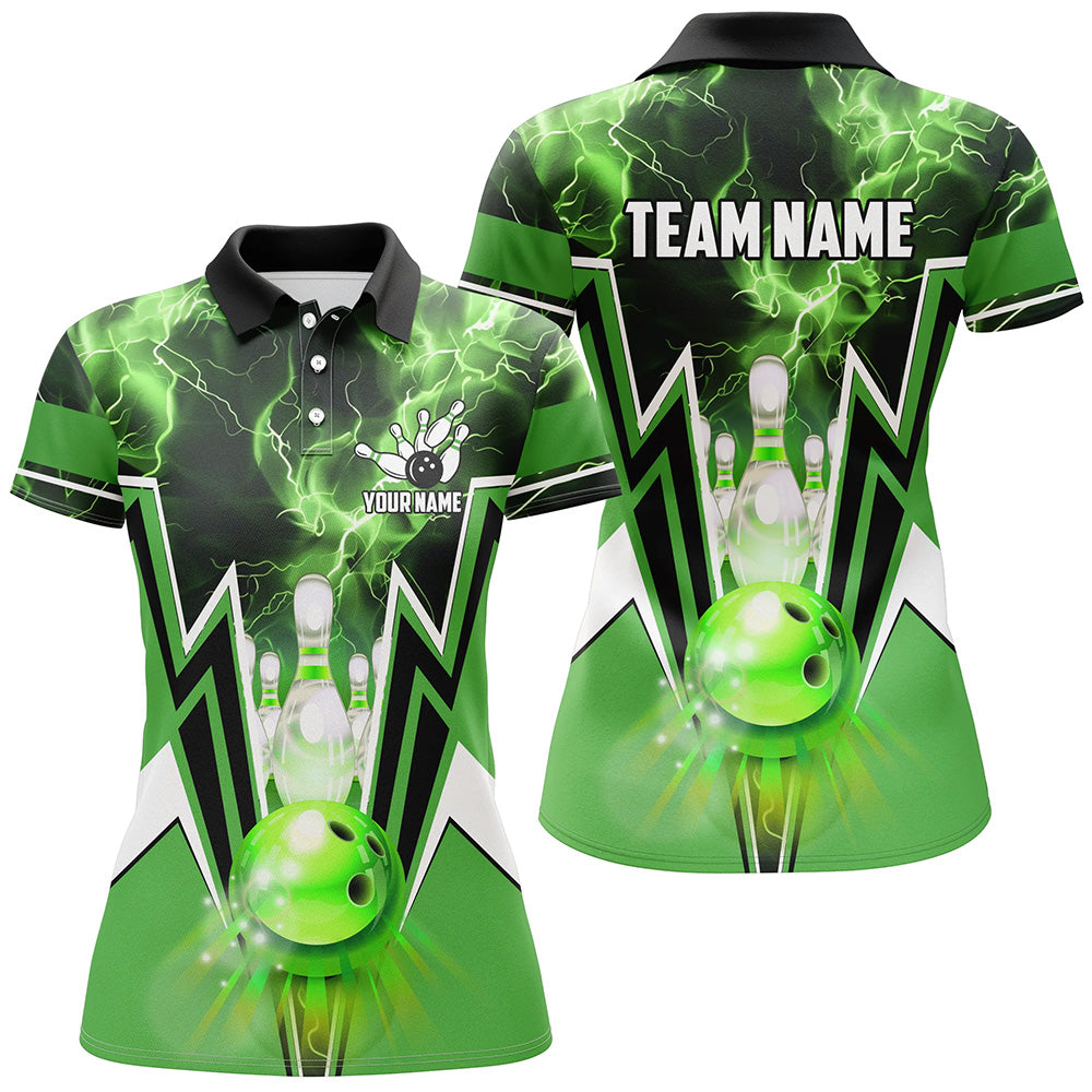 Green Lightning Thunder Bowling Polo 1/4 Zip Shirt for Women N7591