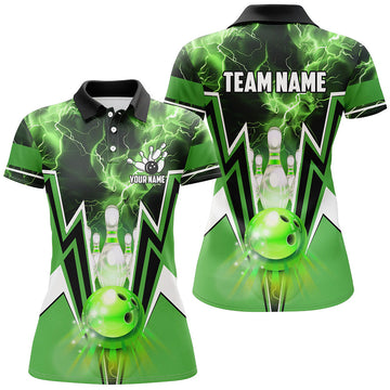 Green Lightning Thunder Bowling Polo 1/4 Zip Shirt for Women N7591