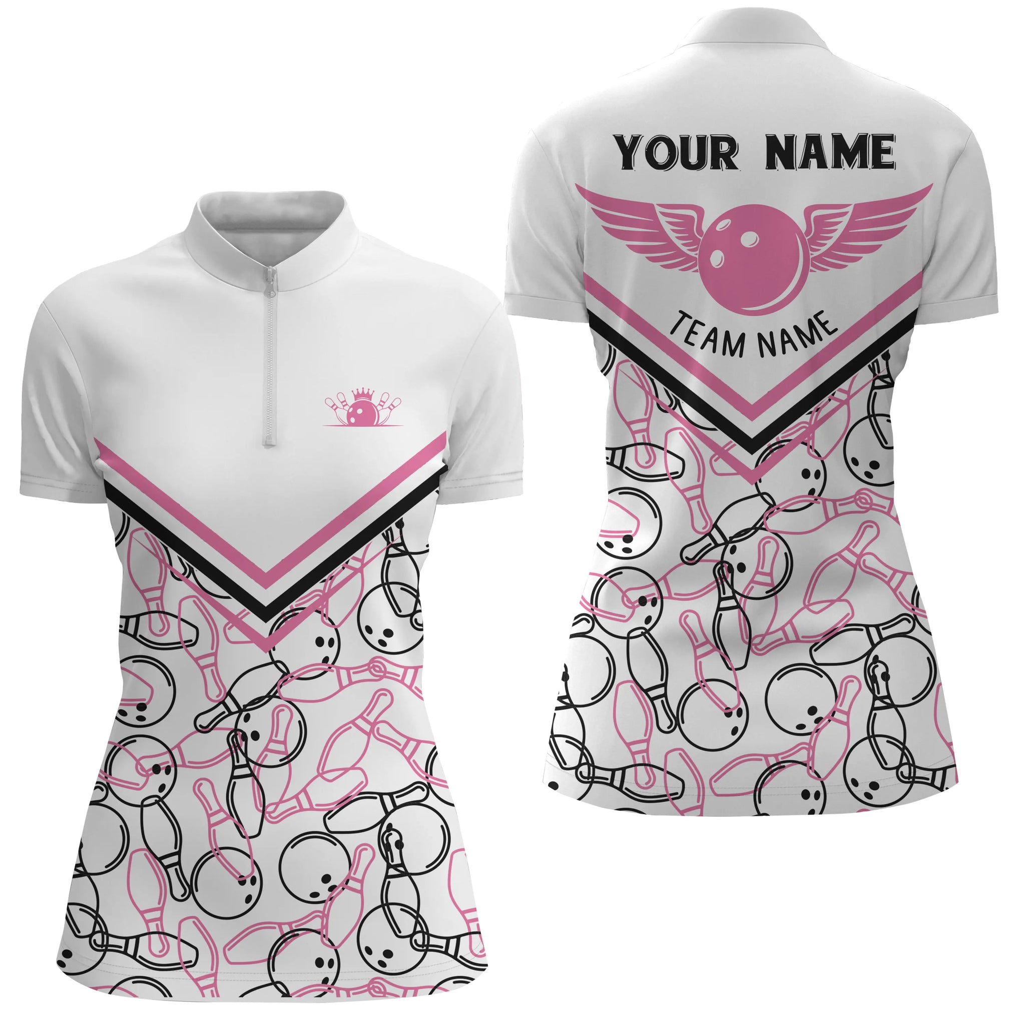 Custom White & Pink Quarter Zip Bowling Shirt for Women N4706