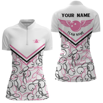 Custom White & Pink Quarter Zip Bowling Shirt for Women N4706