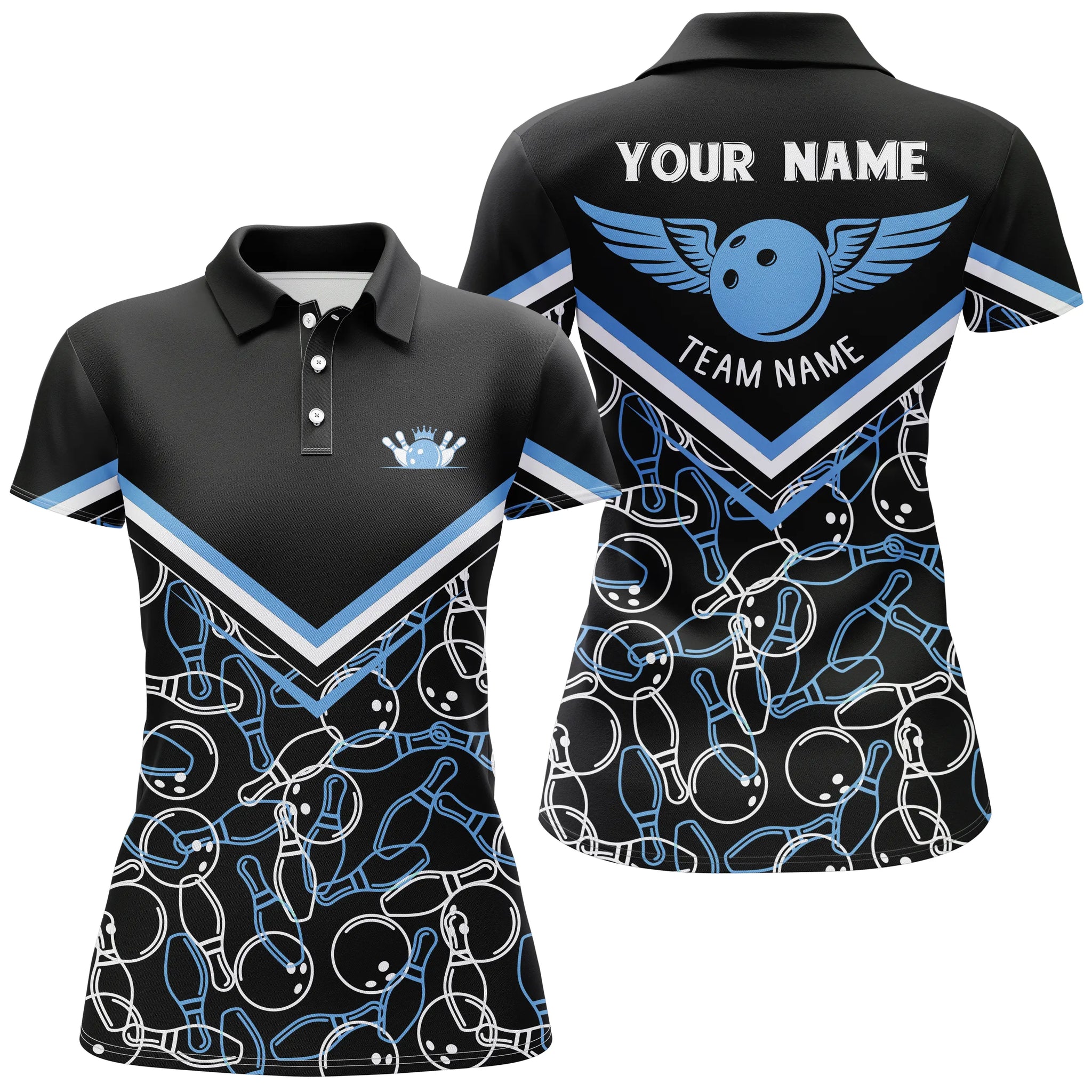 Custom Black & Blue Short Sleeve Polo Bowling Shirt for Women N4707