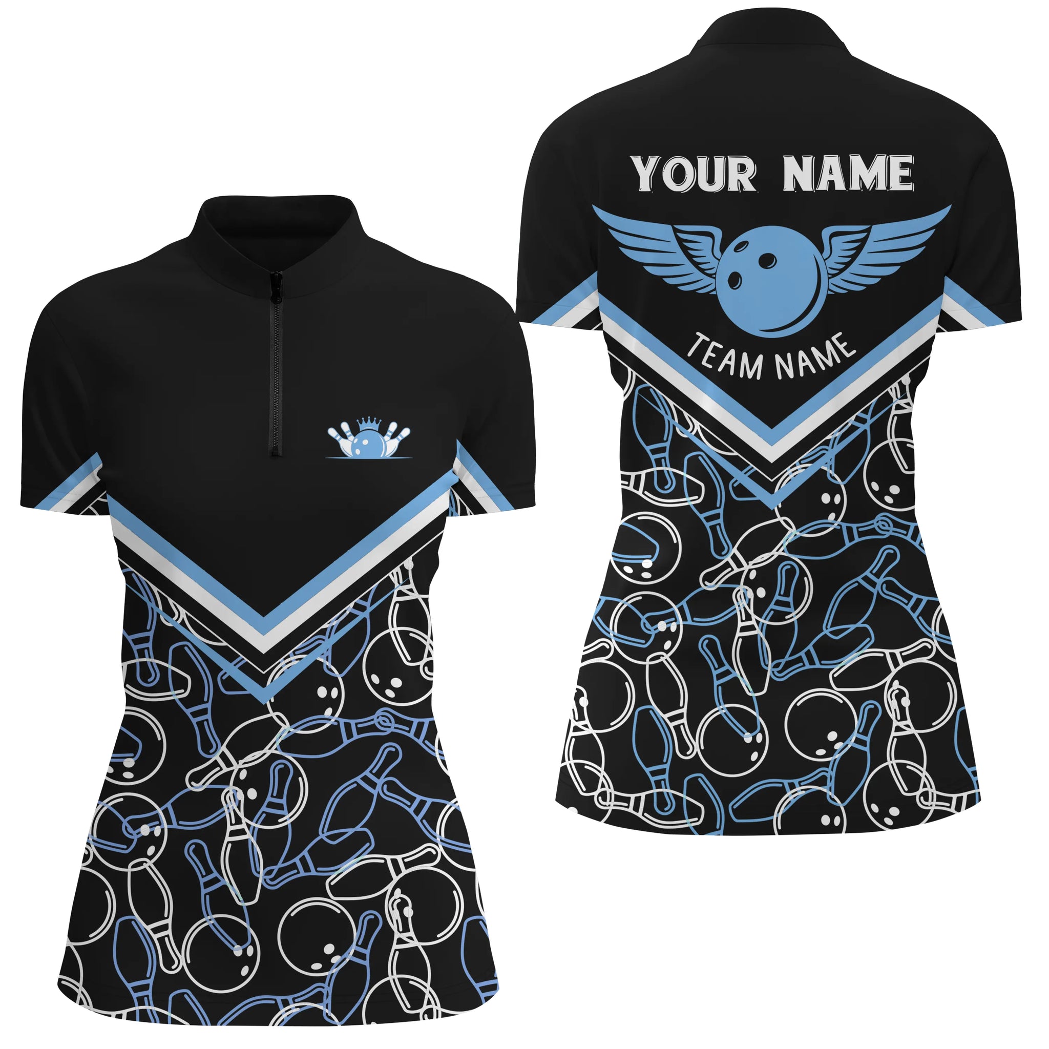 Custom Black & Blue Quarter Zip Bowling Shirt for Women N4707